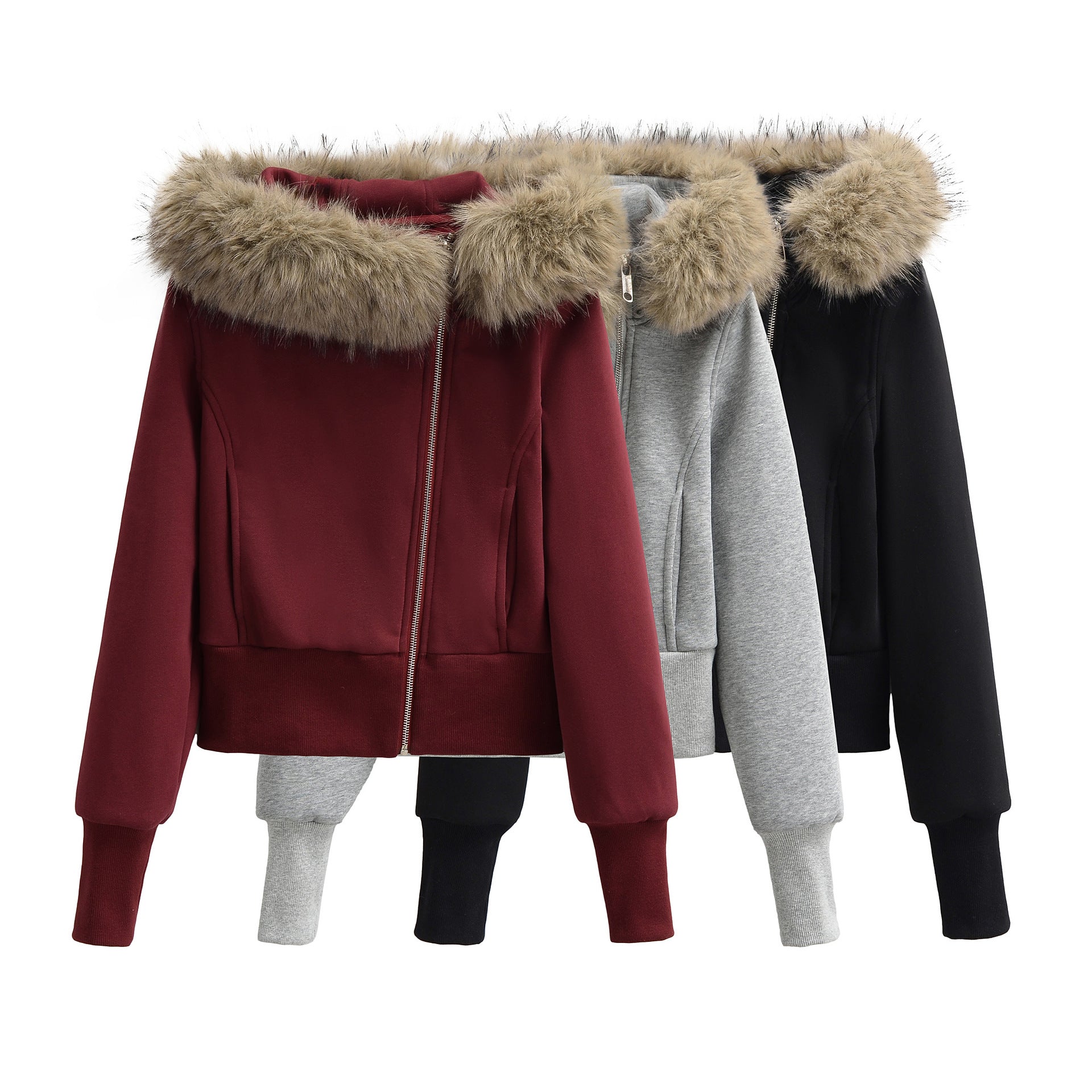 Women’s Zipper Hoodie Jacket with Big Faux Fur Hood