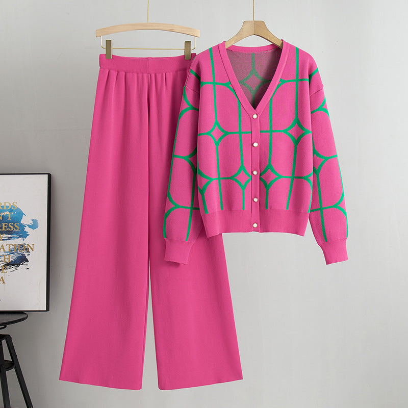 Knitted Geometric Cardigan & Wide Leg Pants 2 Piece Set