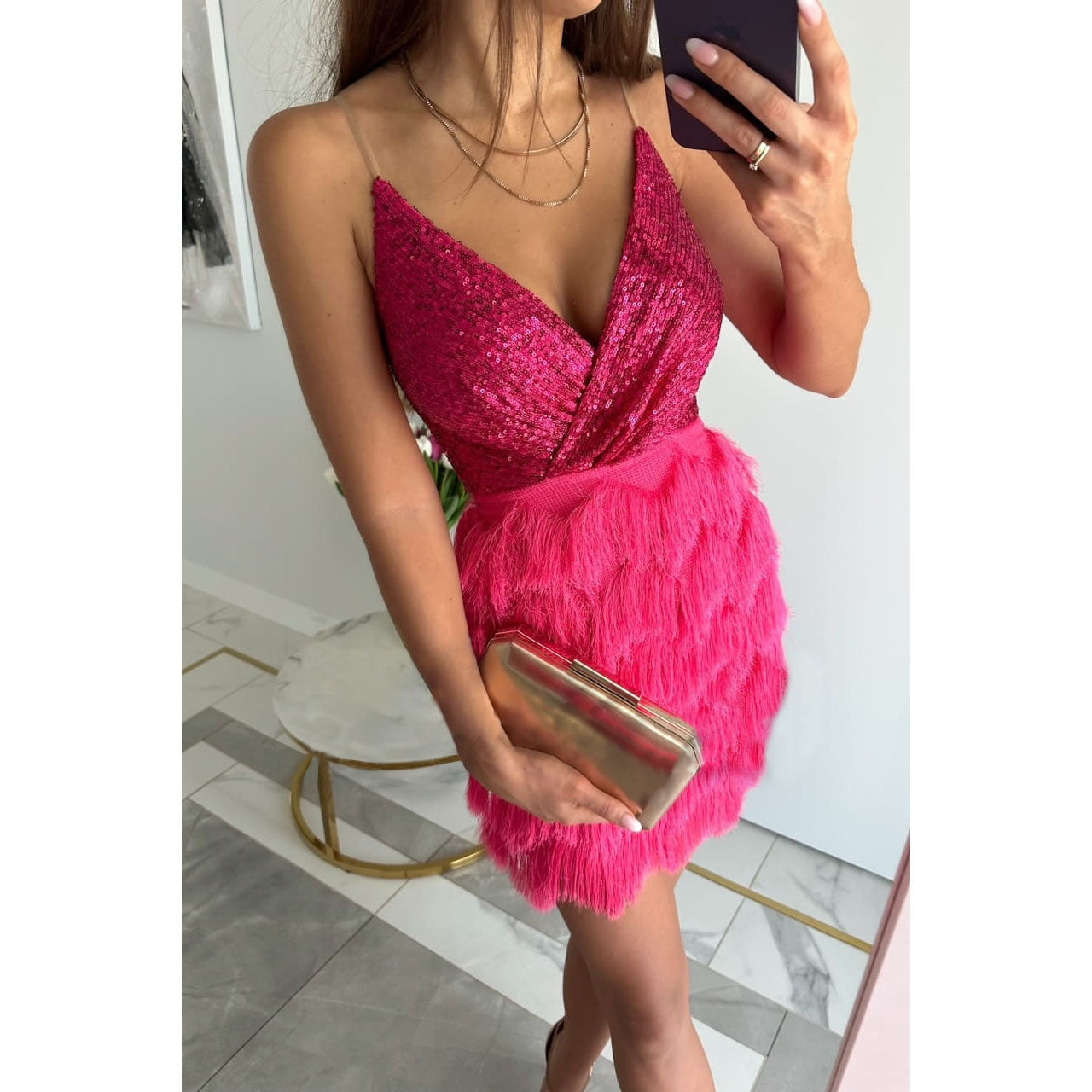 Sequin Wrap Mini Dress with Feather Skirt