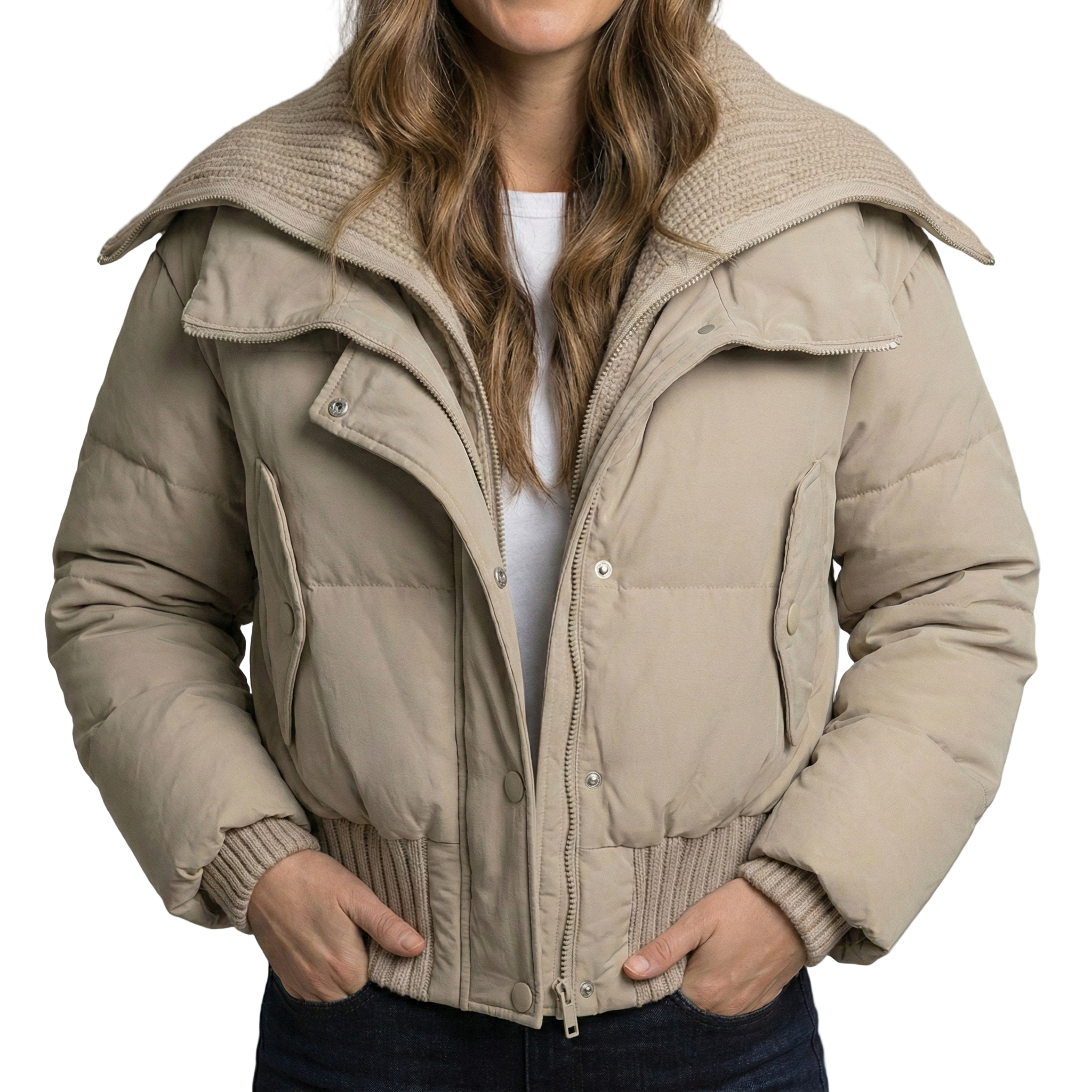 Knit-Trim Padded Bomber Jacket