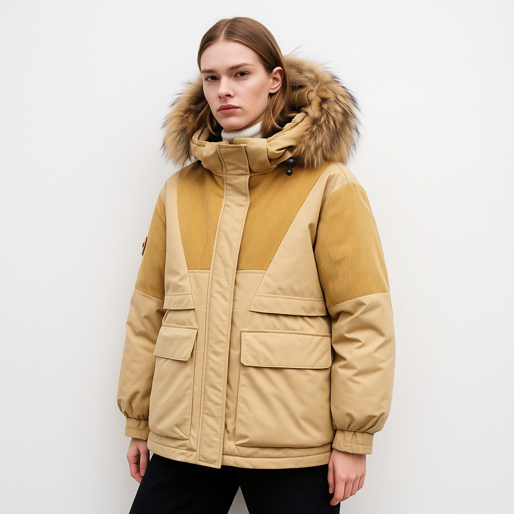 Women’s Yellow Thick Puffer Jacket with Faux Fur Hood