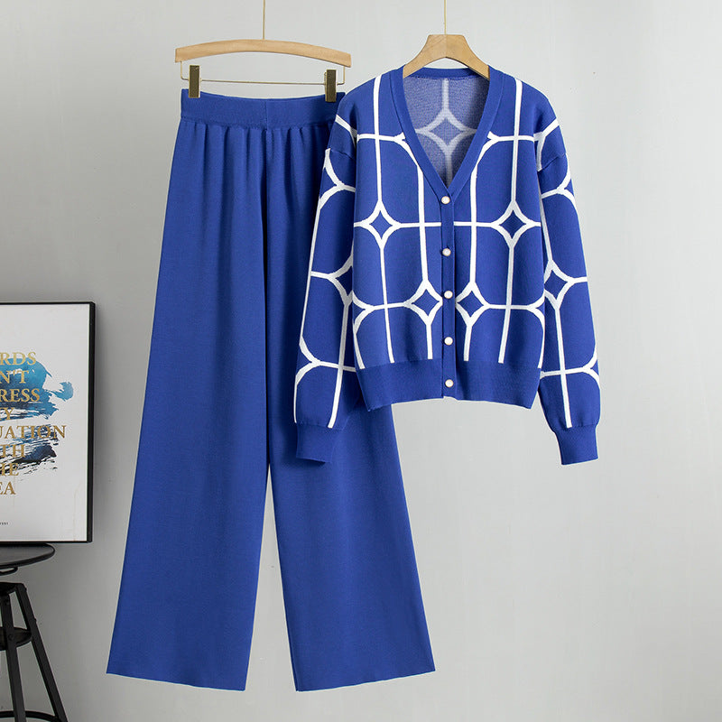 Knitted Geometric Cardigan & Wide Leg Pants 2 Piece Set