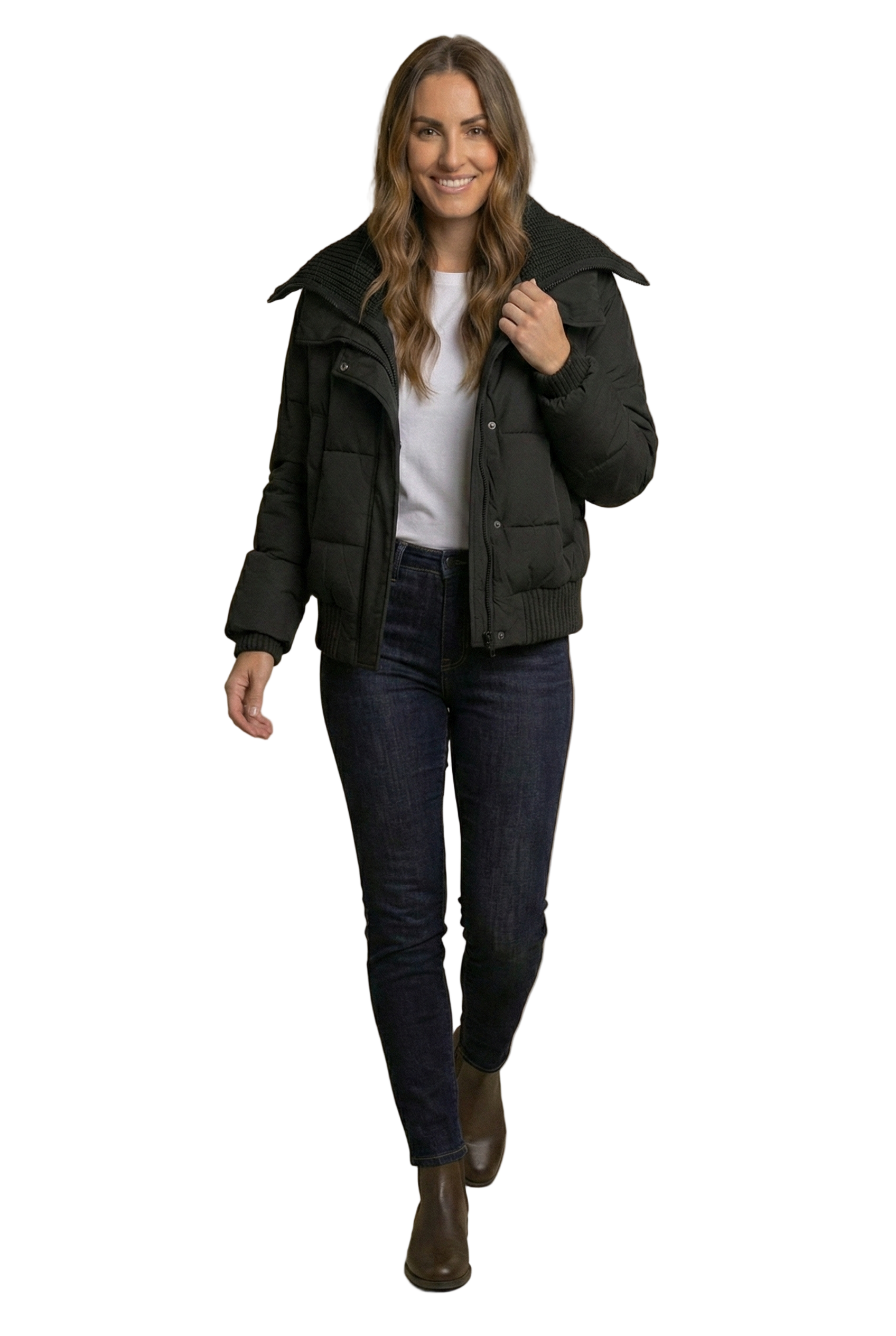 Knit-Trim Padded Bomber Jacket