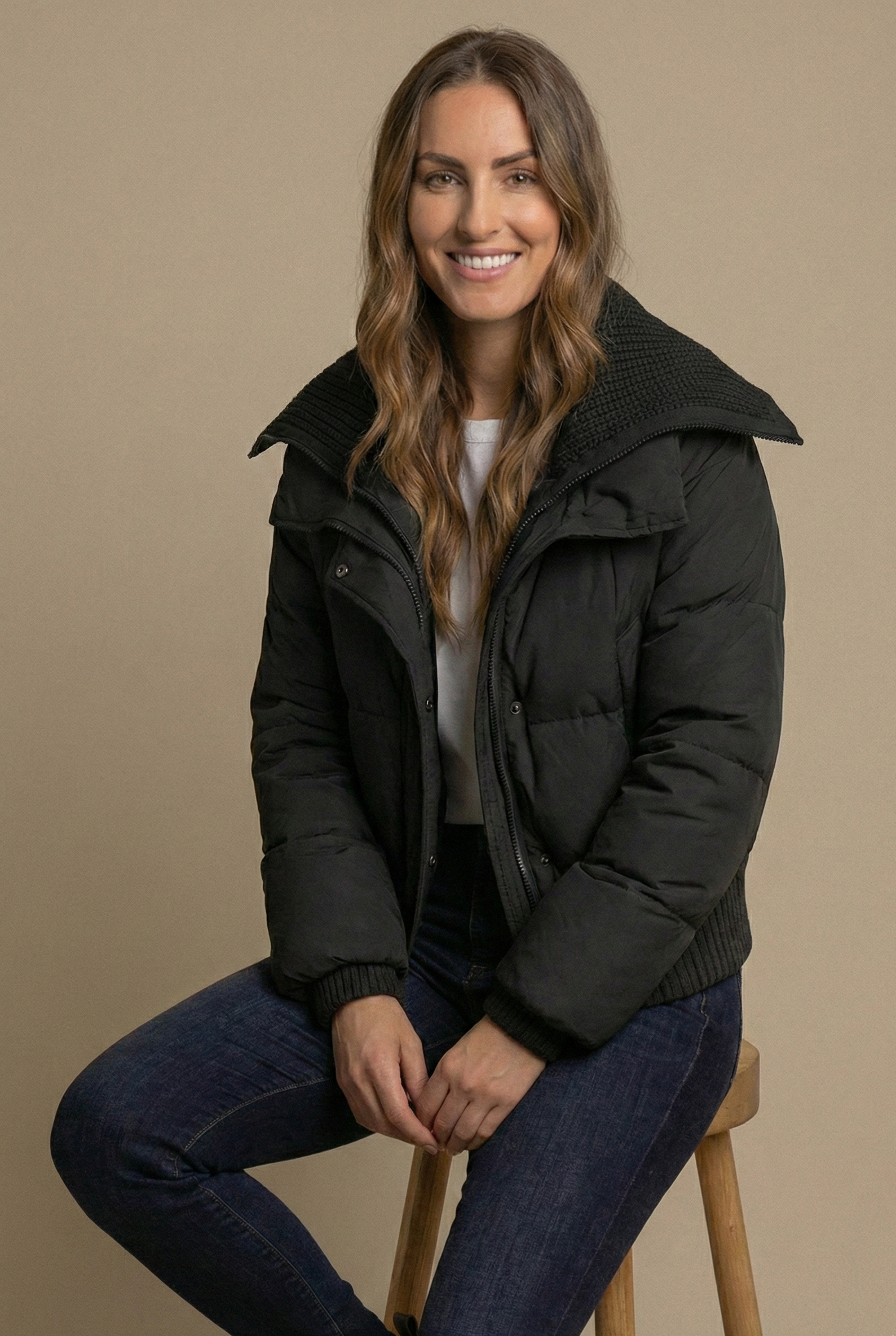 Knit-Trim Padded Bomber Jacket