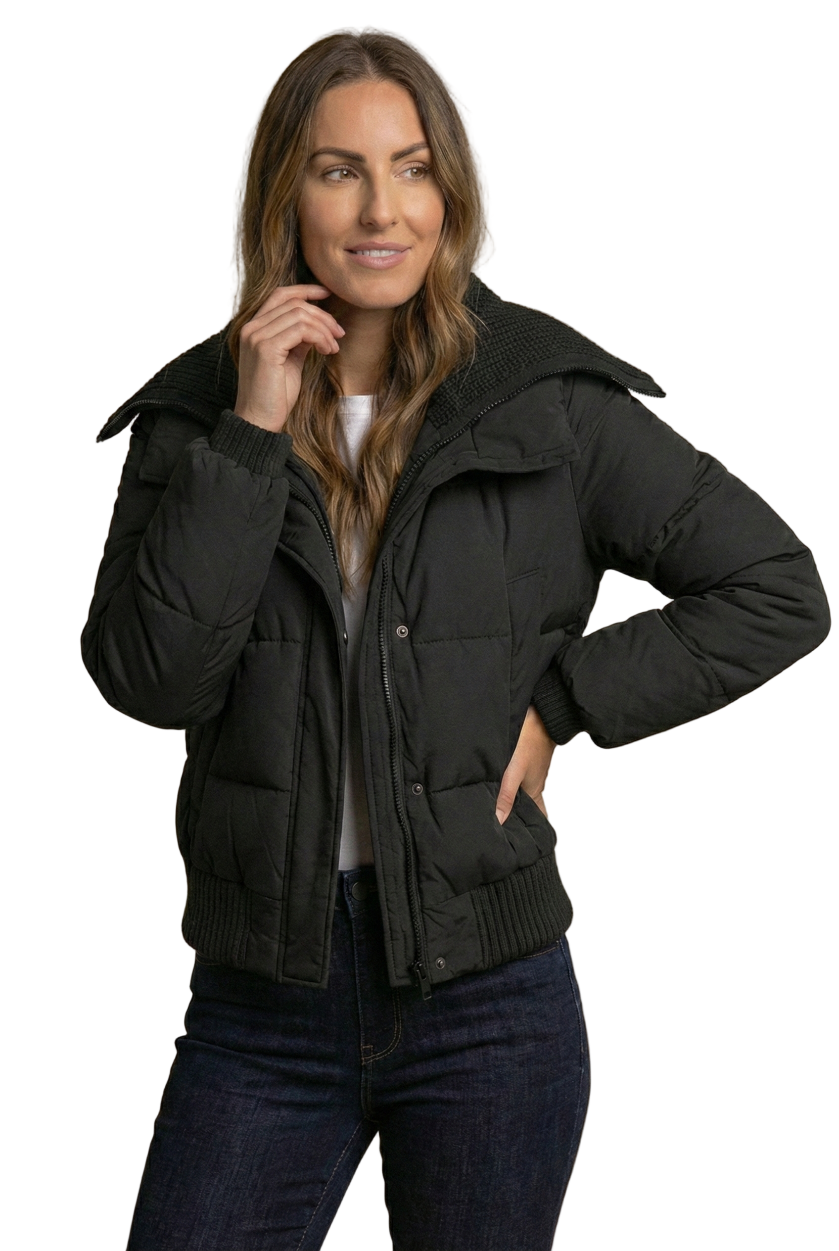 Knit-Trim Padded Bomber Jacket