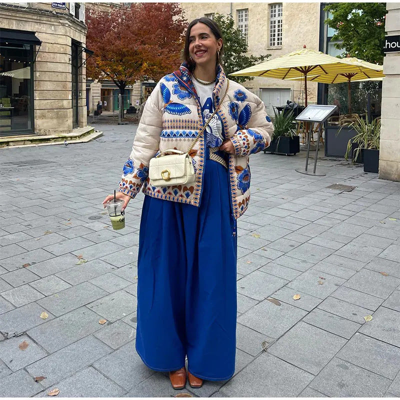 Vintage Printed Puffer Jacket with Pockets