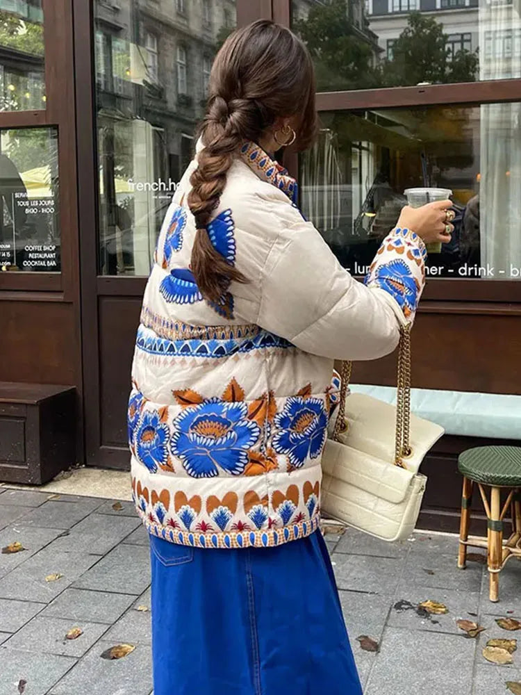 Vintage Printed Puffer Jacket with Pockets