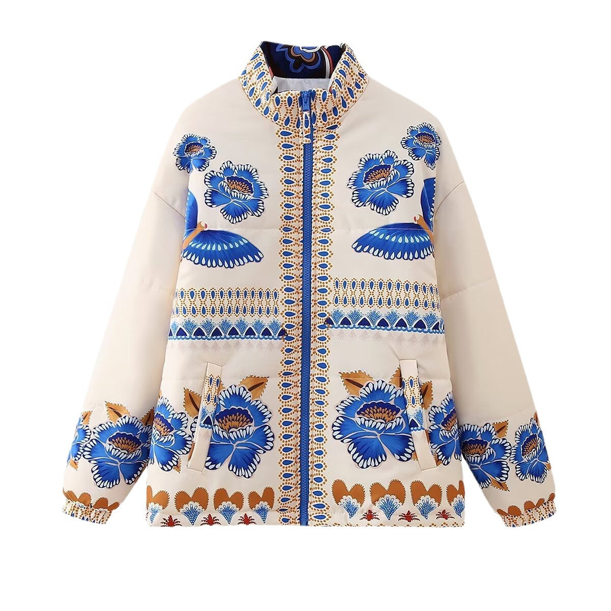 Vintage Printed Puffer Jacket with Pockets