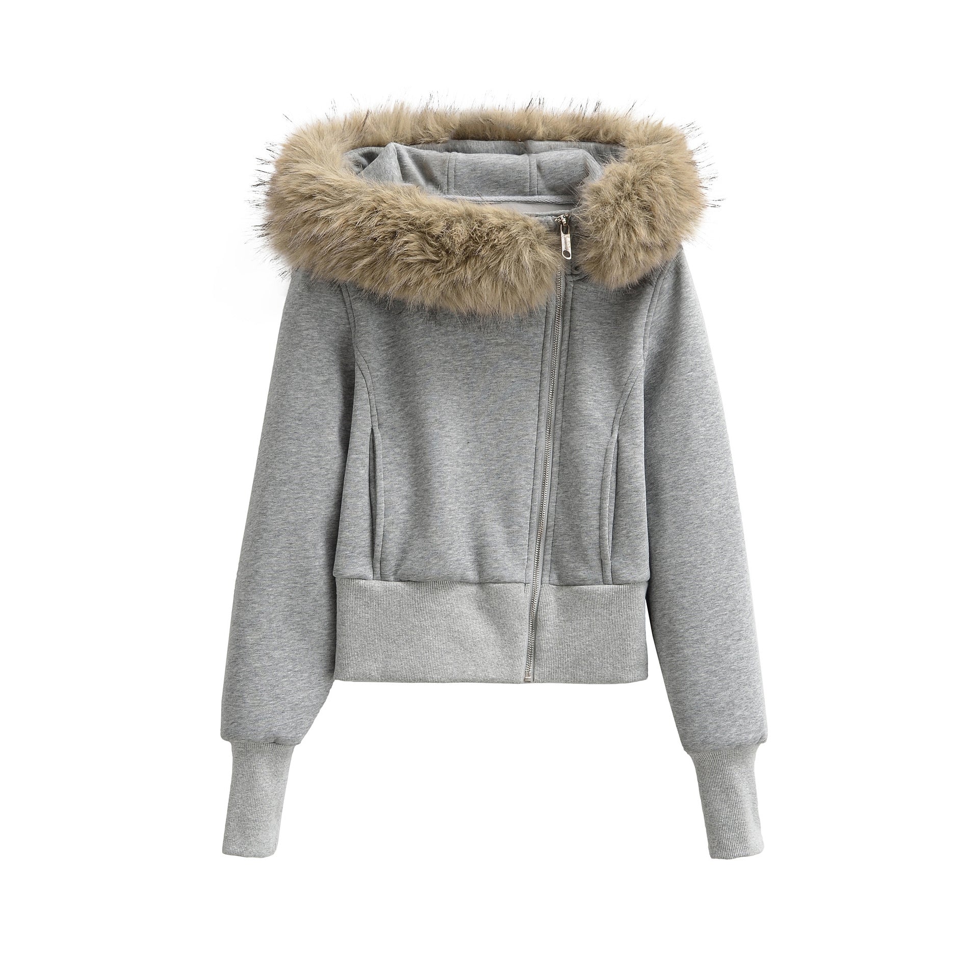 Women’s Zipper Hoodie Jacket with Big Faux Fur Hood
