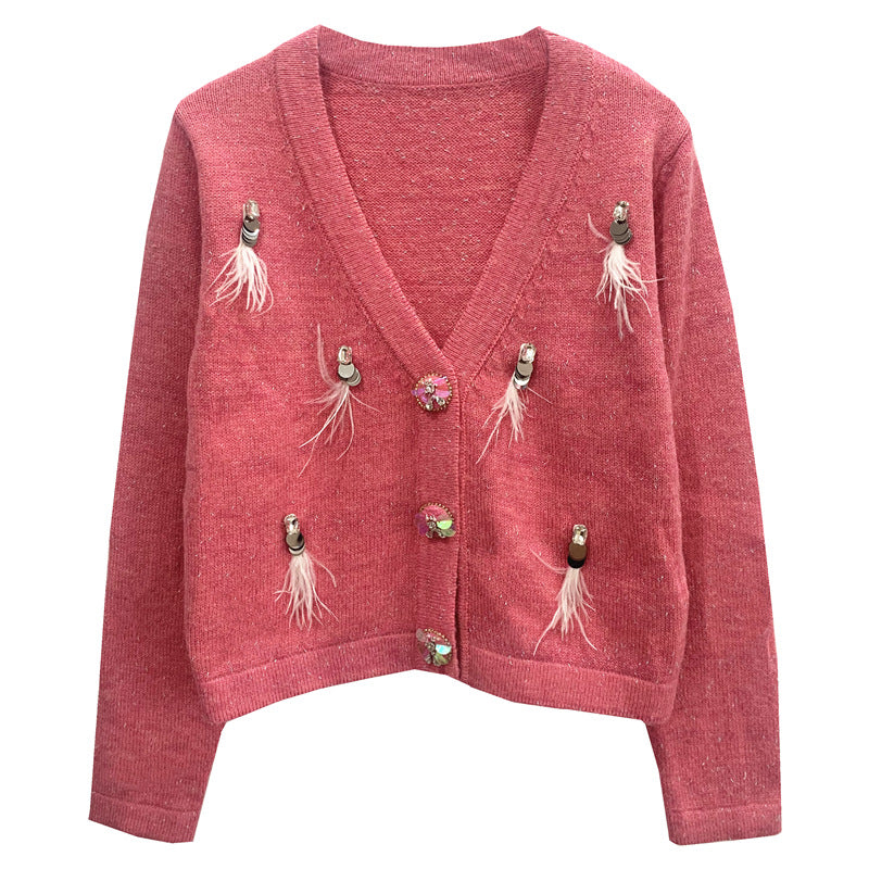 Embellished Feather Button Cardigan