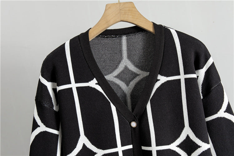 Knitted Geometric Cardigan & Wide Leg Pants 2 Piece Set