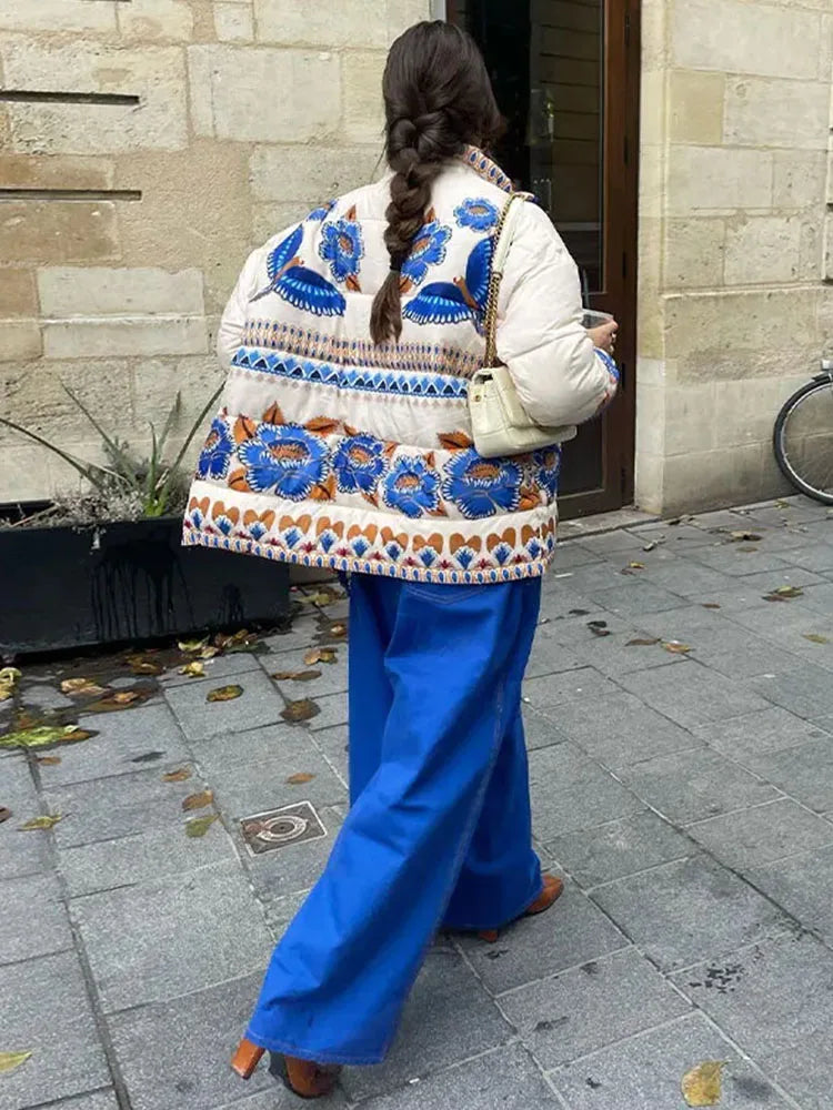 Vintage Printed Puffer Jacket with Pockets