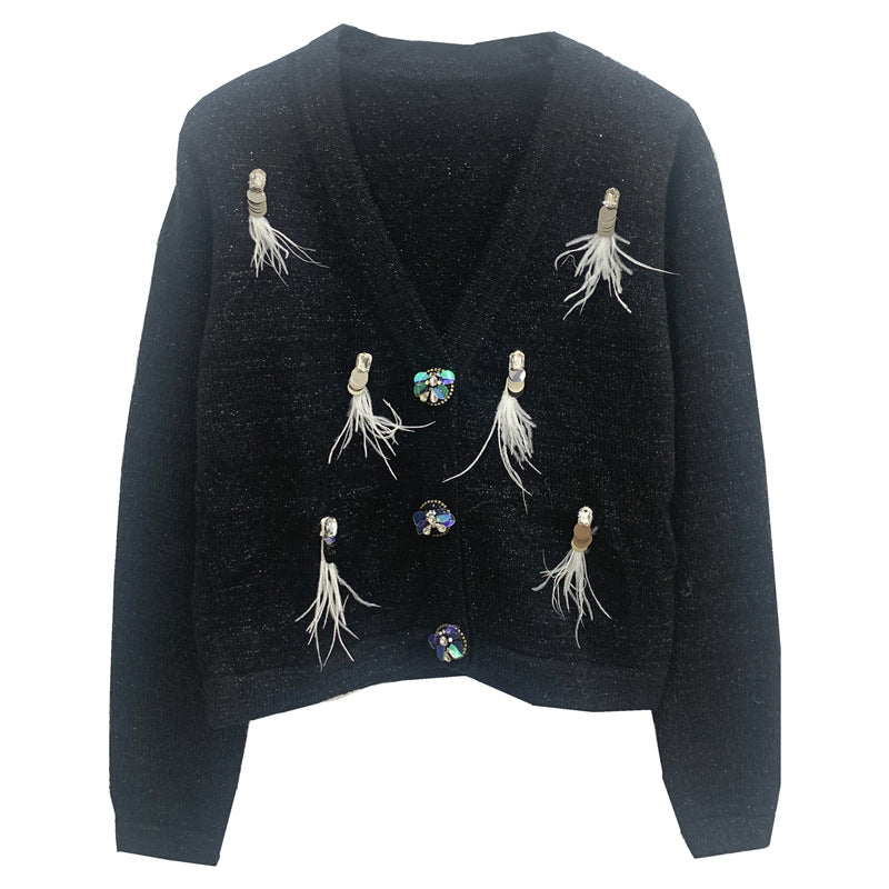 Embellished Feather Button Cardigan