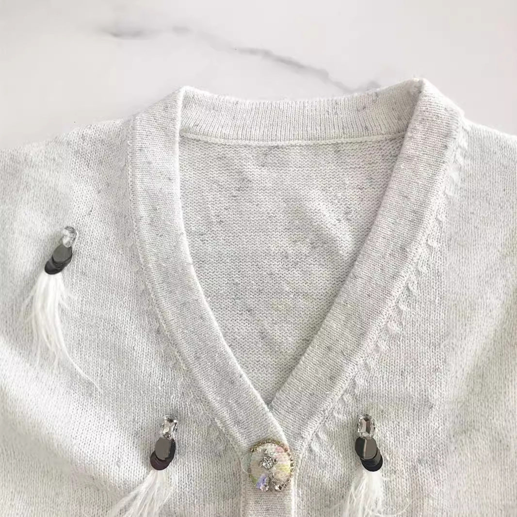 Embellished Feather Button Cardigan