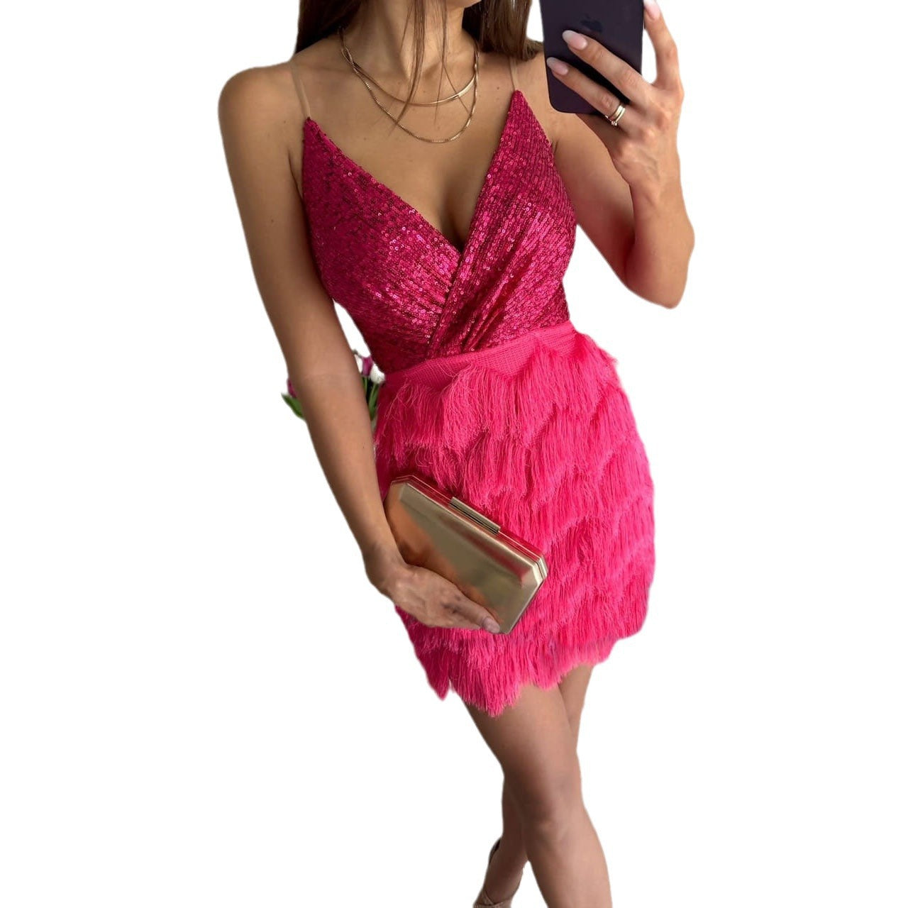 Sequin Wrap Mini Dress with Feather Skirt