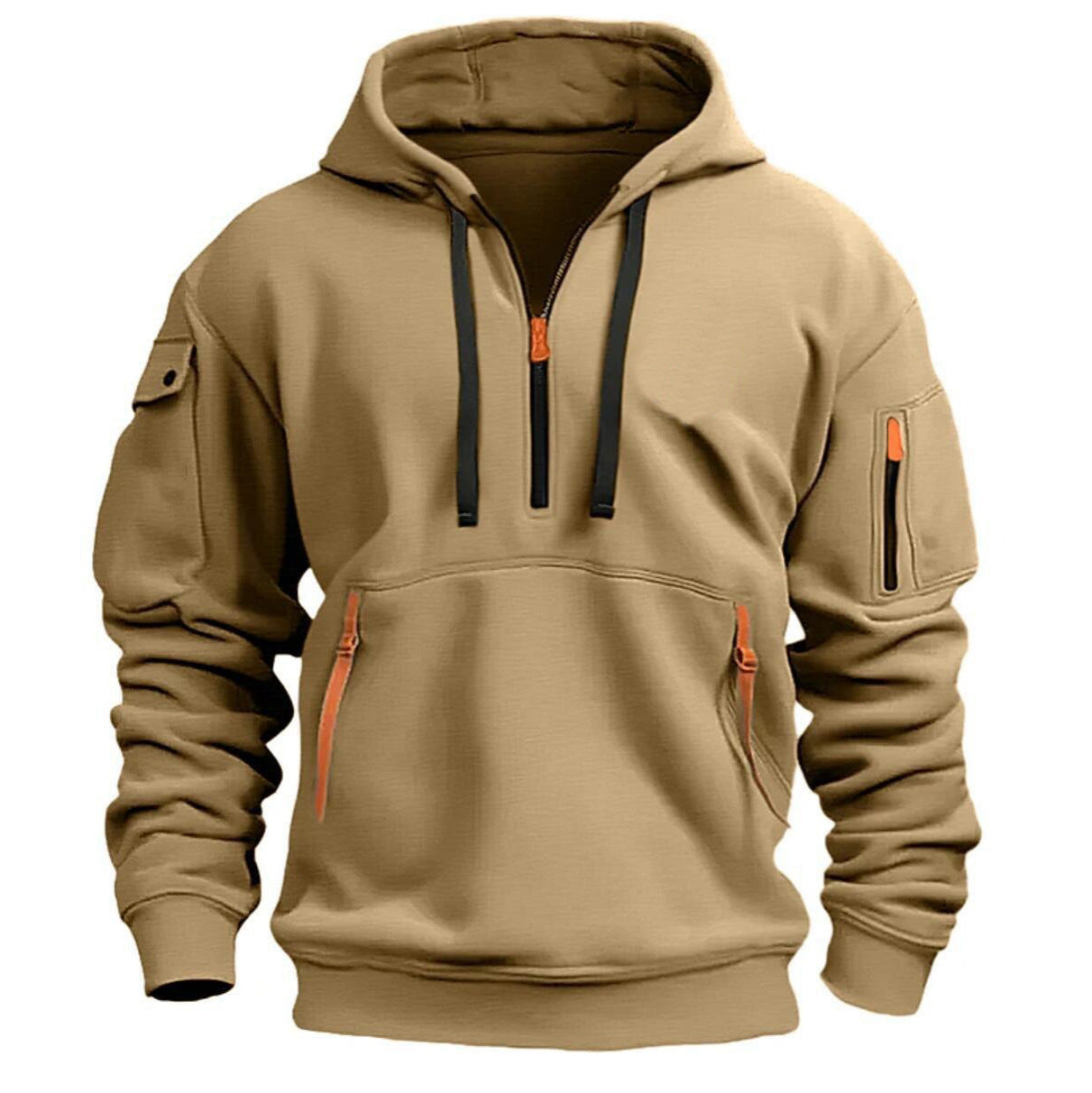 Beige hoodie with black and orange accents on a white background