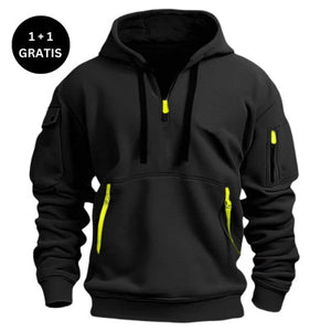 Black hoodie with yellow zippers on a white background