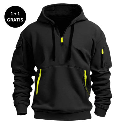 Black hoodie with yellow zippers on a white background