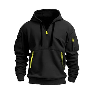 Black hoodie with yellow zippers on a gray background, labeled '2PCS'.