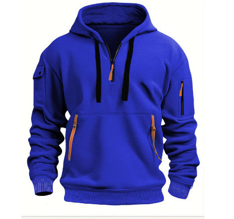 Blue hoodie with black zipper and orange accents on a white background