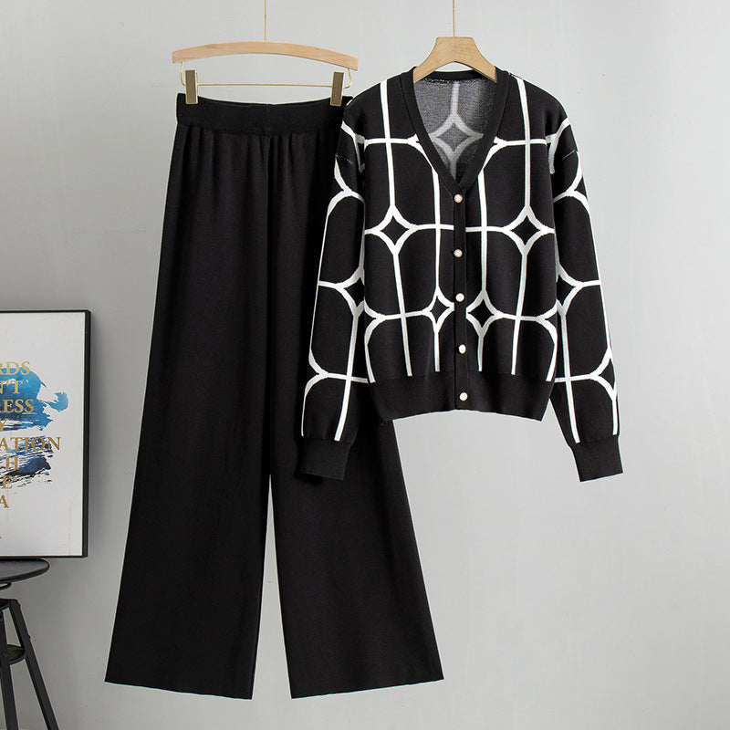 Knitted Geometric Cardigan & Wide Leg Pants 2 Piece Set