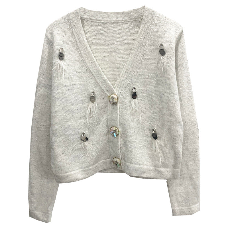 Embellished Feather Button Cardigan
