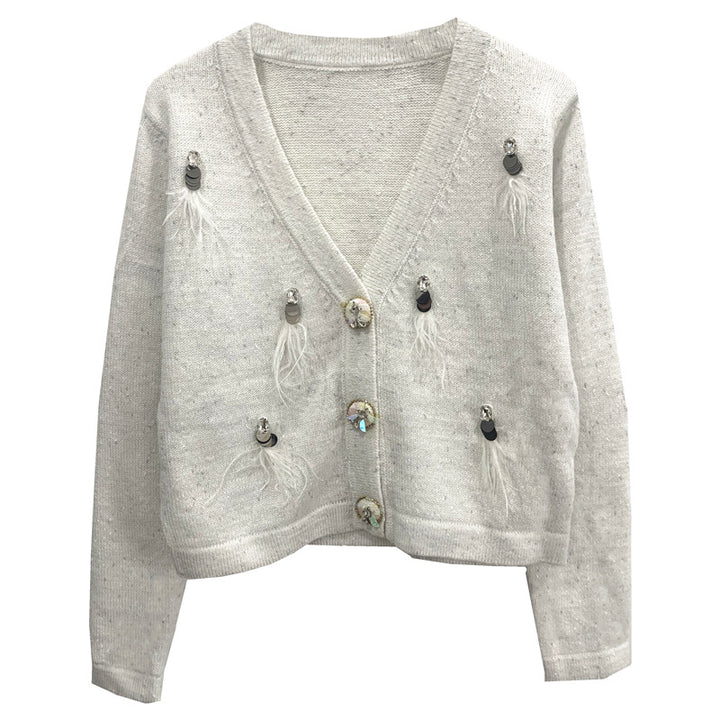 Embellished Feather Button Cardigan