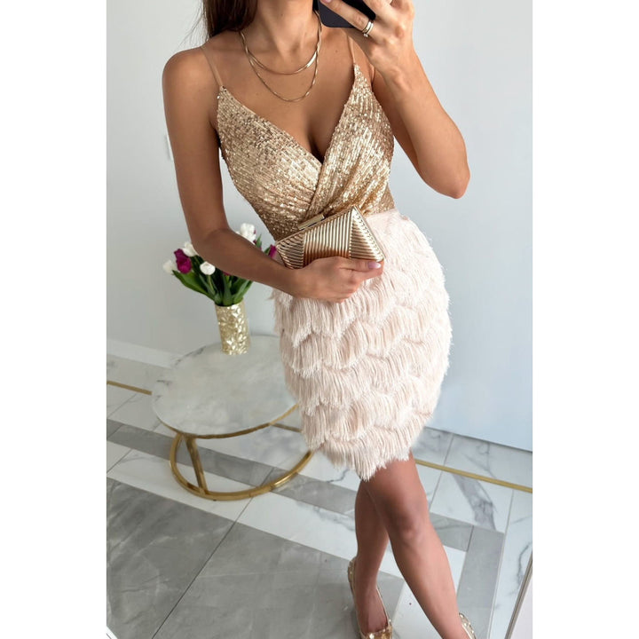 Sequin Wrap Mini Dress with Feather Skirt