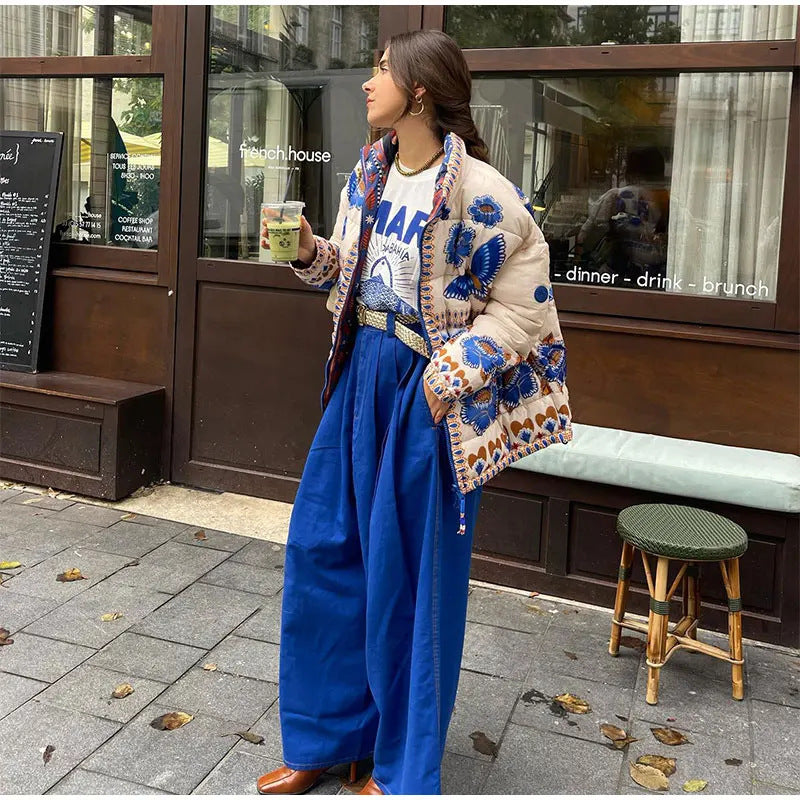 Vintage Printed Puffer Jacket with Pockets