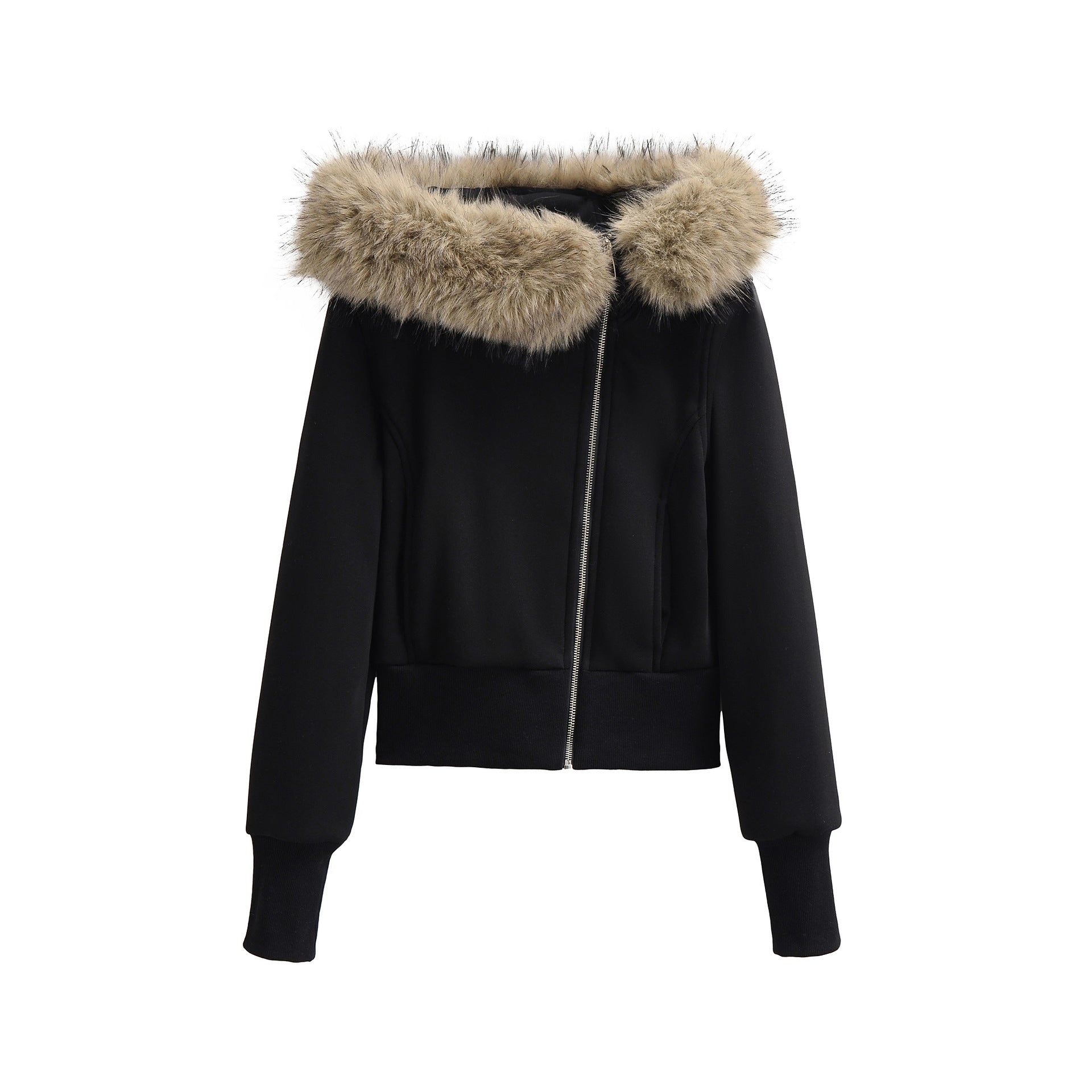 Women’s Zipper Hoodie Jacket with Big Faux Fur Hood