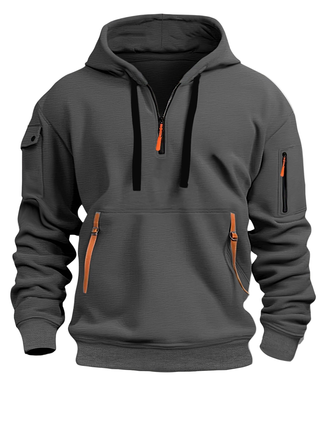 Gray hoodie with orange zippers and accents on a white background
