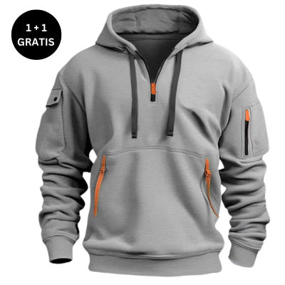 Gray hoodie with orange zippers on a white background