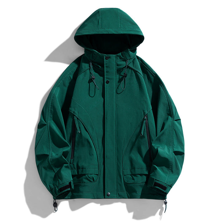 Green jacket with a hood on a white background