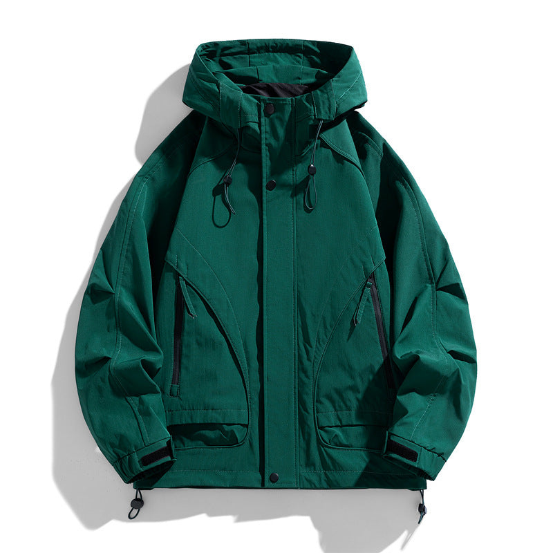Green windproof jacket with a hood on a white background