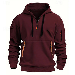 Maroon hoodie with orange zippers on a white background