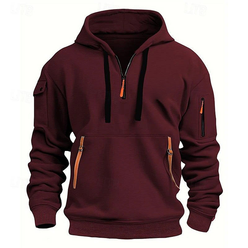 Maroon hoodie with orange zippers on a white background