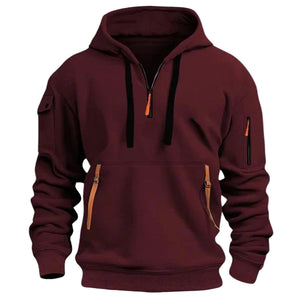 Maroon hoodie with orange accents on a white background