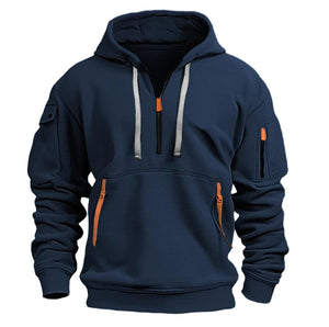 Navy blue hoodie with orange accents on a white background