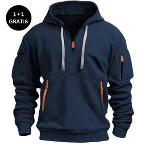 Navy blue hoodie with orange accents on a white background