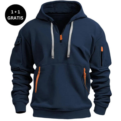 Navy blue hoodie with orange accents on a white background