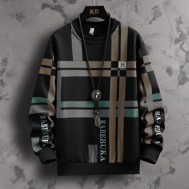 Plaid patterned sweater with brand logos on a textured gray background