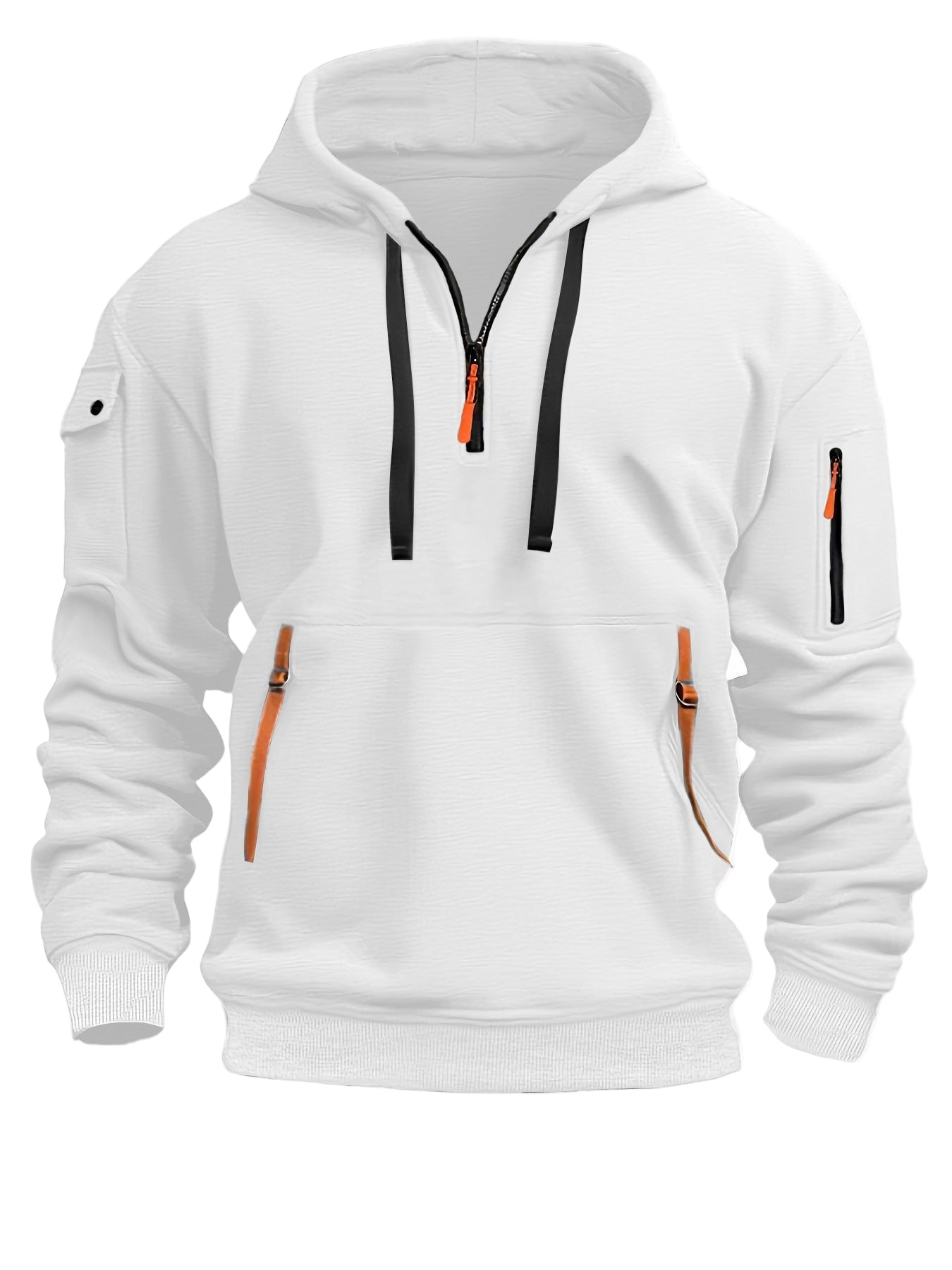 White hoodie with black and orange zippers on a white background
