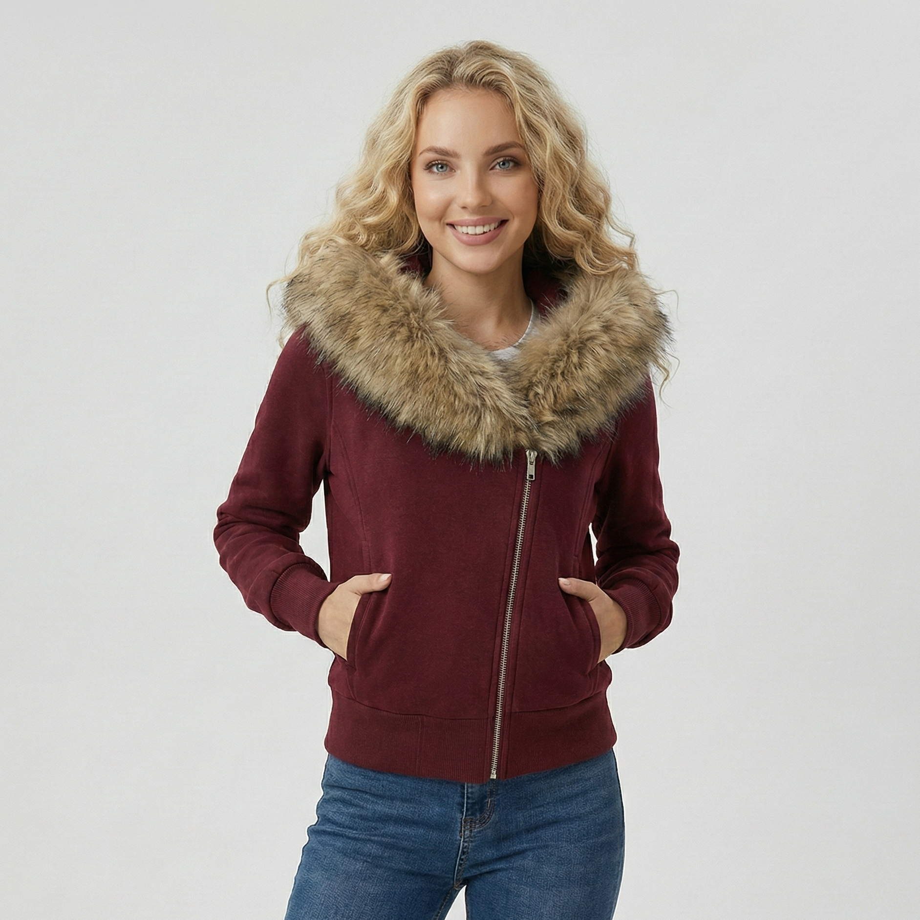 Women’s Zipper Hoodie Jacket with Big Faux Fur Hood
