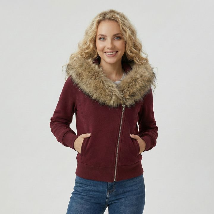 Women’s Zipper Hoodie Jacket with Big Faux Fur Hood
