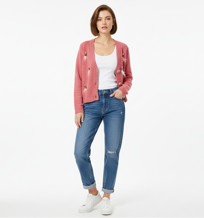 Cardigan orné de boutons en plumes