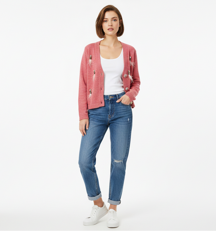 Embellished Feather Button Cardigan