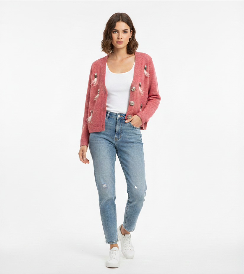 Cardigan orné de boutons en plumes