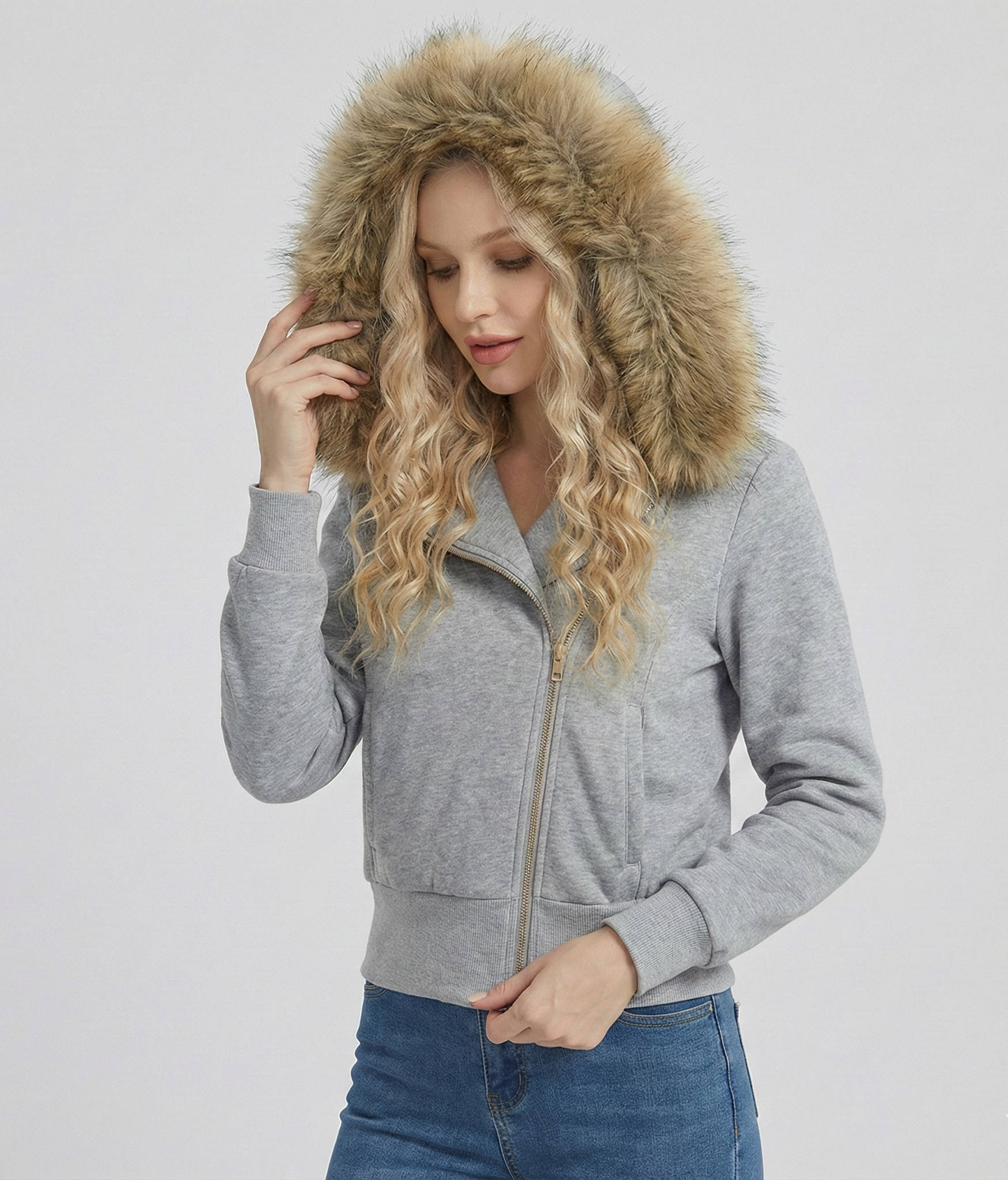 Women’s Zipper Hoodie Jacket with Big Faux Fur Hood