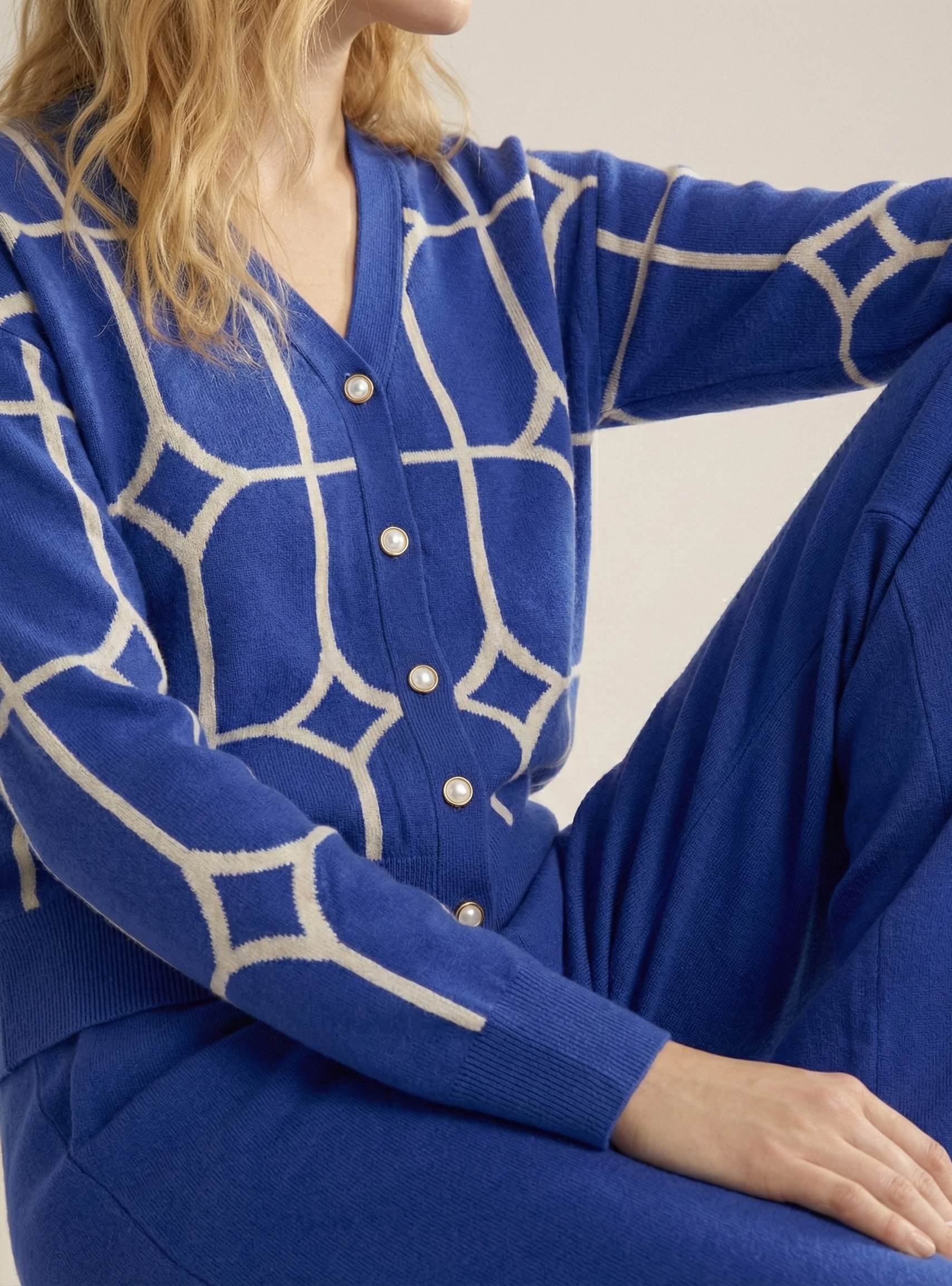 Ensemble 2 pièces : cardigan géométrique en maille et pantalon large