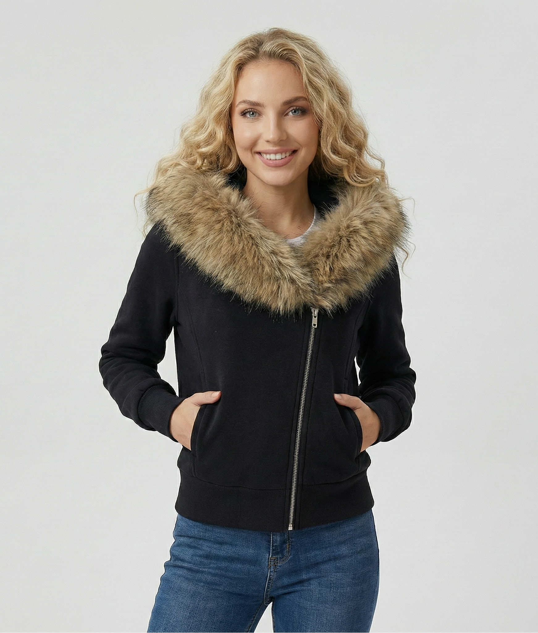 Women’s Zipper Hoodie Jacket with Big Faux Fur Hood